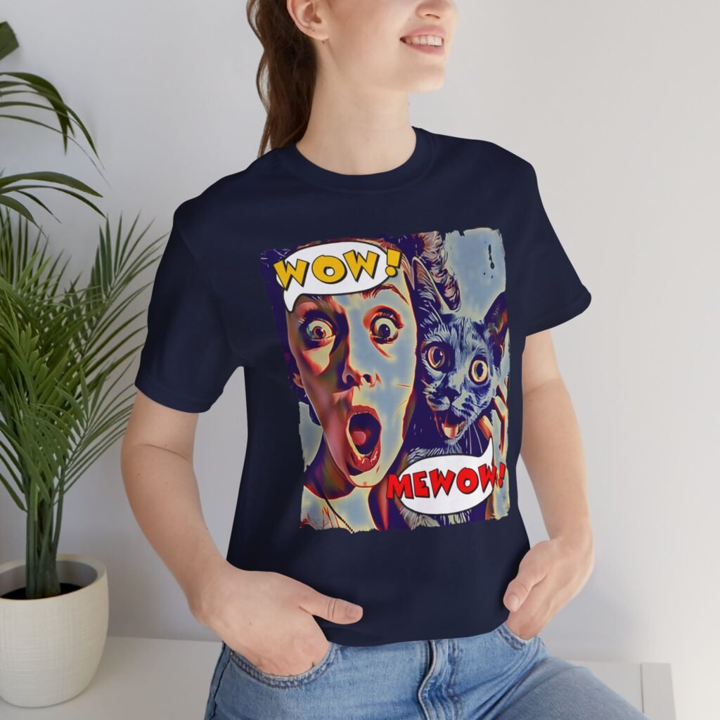 Woman Wearing Wow Mewow Navy Color Funny T-shirt.