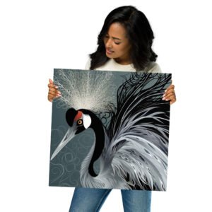 Woman holding a poster of a Gray Crowned Crane