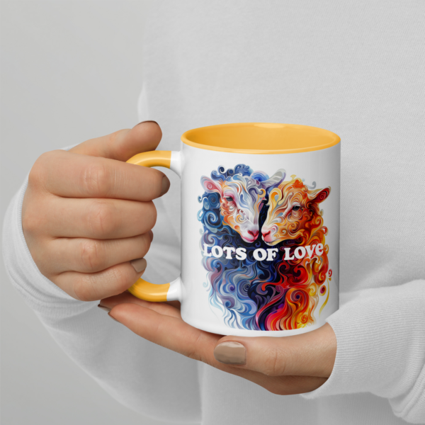 His & Hers Colorful Cute Lots Of Love Lamb Mug Woman Holding Right Handle mock up